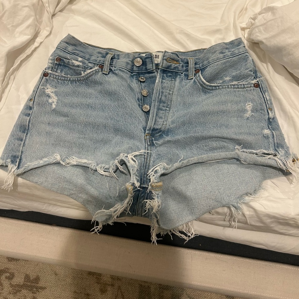 Agolde Light Blue Frayed Jean Shorts